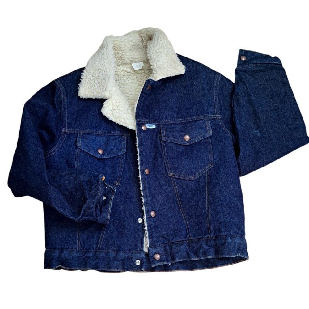 Nelson Men's Blue Denim Vintage Trucker Jacket Sherpa Lined Snap Closure Sz 42